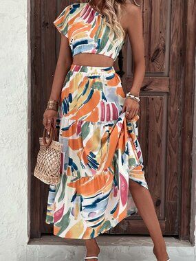 Multicolor Boho Women's Print Crop One Shoulder Blouse & Maxi Skirt